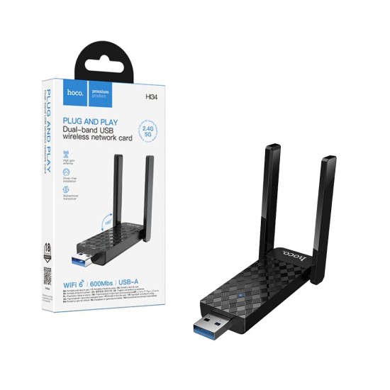 Adaptador de Placa de Rede sem fios Hoco HI34 USB 2.0 Wi-Fi 6 2.4G 5G com Duas Antenas Externas Preto